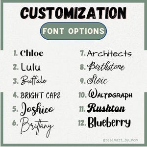 Puede incluir: Un fondo verde claro muestra la palabra "CUSTOMIZATION" sobre una lista de opciones de fuentes. La lista incluye 12 estilos de fuente, cada uno con una palabra de muestra. El texto "FONT OPTIONS" est&aacute; en un &oacute;valo verde. La imagen es de @resinart_by_mom.