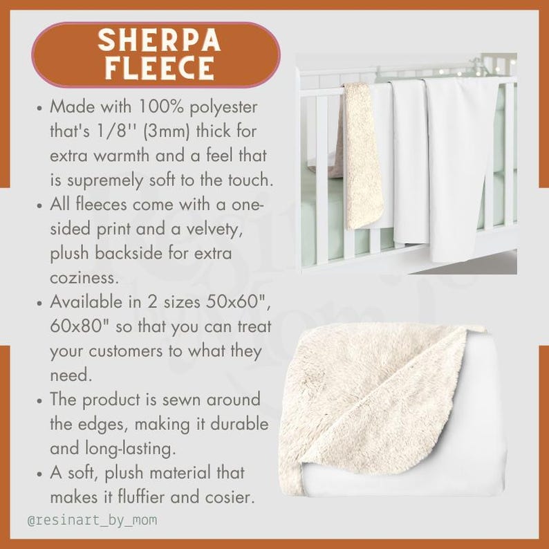 Op de afbeelding: Een zachte, pluche sherpa fleece deken in beige met een witte achterkant. De deken is gevouwen op een wit babybedje. De tekst "SHERPA FLEECE" staat in een bruin rechthoekje bovenaan de afbeelding. De tekst hieronder beschrijft de deken als gemaakt van 100% polyester en verkrijgbaar in twee maten: 50x60 inch en 60x80 inch.