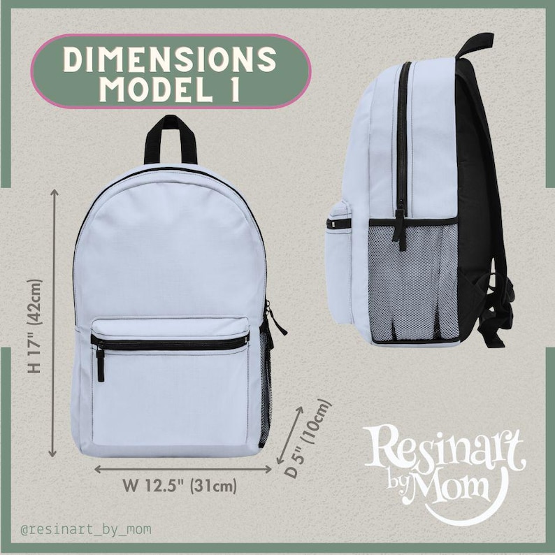 May include: A light gray backpack with black accents and a mesh pocket. The backpack measures 17 inches high, 12.5 inches wide, and 5 inches deep.  Dimensions are also listed in centimeters.