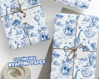 Blaues Safari Toile Geschenkpapier: Elegante Geschenkverpackung für eine Babyparty