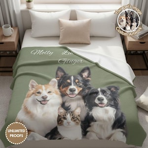 May include: A sage green fleece blanket featuring a custom printed graphic of three dogs and one cat. The names Molly, Lu, and Ginger are printed in white script above the animals. A circular badge in the corner reads Unlimited Proofs.