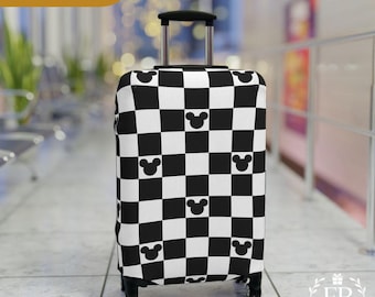 Checkered Luggage Cover – Mouse Inspired Pastel Suitcase Protector, Stretchy Travel Skin