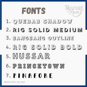 K&ouml;nnte beinhalten: Ein wei&szlig;er Hintergrund mit schwarzem Text, der sieben verschiedene Schriftarten auflistet. Der Text lautet "FONTS" in einer gro&szlig;en, stilisierten Schriftart oben im Bild. Die Schriftarten sind von 1 bis 7 nummeriert und in einer Spalte auf der linken Seite des Bildes aufgelistet. Die Schriftarten sind: Quebab Shadow, Rig Solid Medium, Bangbang Outline, Rig Solid Bold, Hussar, Princeton und Pinafore.