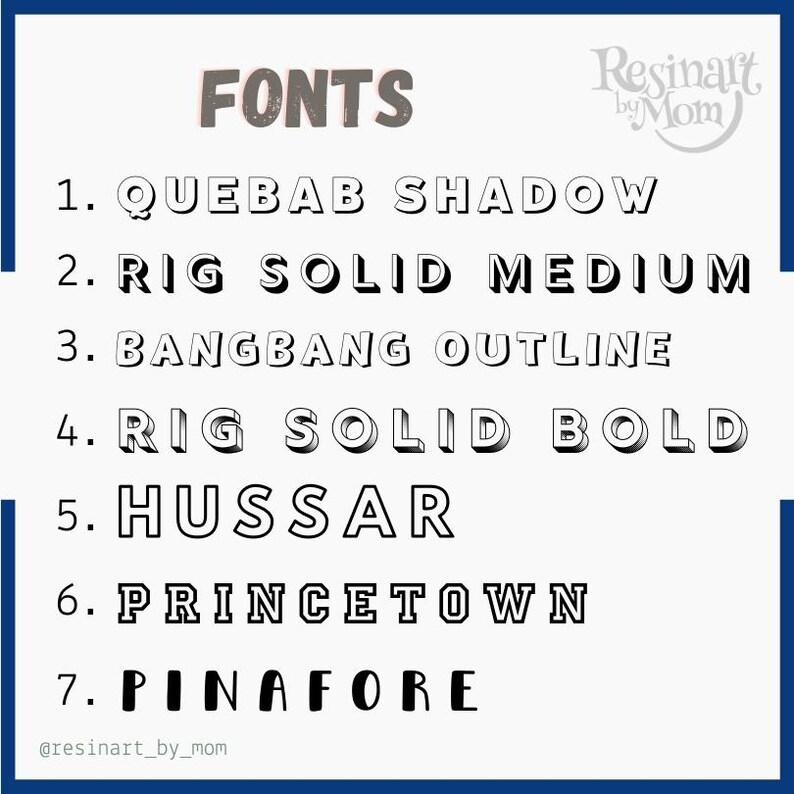 K&ouml;nnte beinhalten: Ein wei&szlig;er Hintergrund mit schwarzem Text, der sieben verschiedene Schriftarten auflistet. Der Text lautet "FONTS" in einer gro&szlig;en, stilisierten Schriftart oben im Bild. Die Schriftarten sind von 1 bis 7 nummeriert und in einer Spalte auf der linken Seite des Bildes aufgelistet. Die Schriftarten sind: Quebab Shadow, Rig Solid Medium, Bangbang Outline, Rig Solid Bold, Hussar, Princeton und Pinafore.