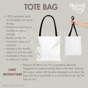 May include: Two white tote bags with black handles are shown. The image includes the text "TOTE BAG" and care instructions. The bags are made of 100% polyester and have boxed corners. The brand name "Resinart by Mom" is also visible.
