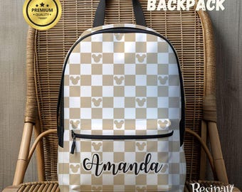 Sac à dos à carreaux Mickey, cartable Disney, sac à dos enfant personnalisable