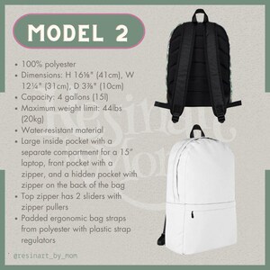May include: White and black polyester backpack with a large main compartment, a front pocket, and a hidden pocket. The backpack has two zipper sliders and padded ergonomic straps. The backpack measures 16 1/8 inches tall, 12 1/4 inches wide, and 3 3/8 inches deep. It has a capacity of 4 gallons and a maximum weight limit of 44 pounds.