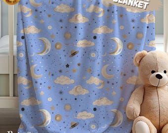 Manta de bebé Luna y Estrellas: Ropa de cama infantil celestial de vellón Minky