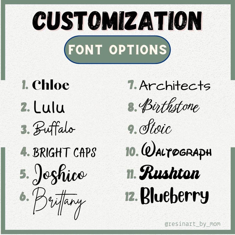 May include: A light green background with the word "CUSTOMIZATION" in black. Below, the text "FONT OPTIONS" is in a green oval. Twelve font options are listed, each with a unique style, including "Chloe", "Lulu", and "Blueberry".