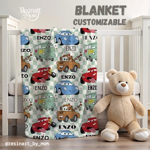 Coperta con le auto, coperta con il nome, coperta verde per bambini, coperta Sherpa, coperta personalizzabile, coperte per bambini
