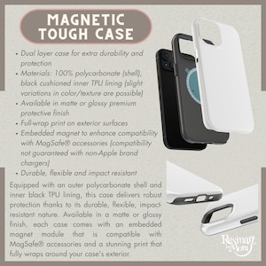 May include: Image of a magnetic tough case for a phone. The case is available in black and white, with a dual-layer design for extra durability. The case has a matte or glossy finish and an embedded magnet for MagSafe accessories. The text on the image says "MAGNETIC TOUGH CASE".