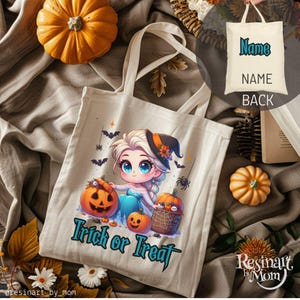 May include: Beige canvas tote bag with a Halloween design. It features a cartoon princess, pumpkins, bats, and the text "Trick or Treat". The back of the bag has the word "Name" printed on it.