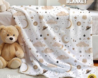 Manta de bebé Luna y Estrellas: Ropa de cama infantil celestial de vellón Minky