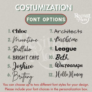 K&ouml;nnte beinhalten: Bild mit Schriftoptionen zur Individualisierung, darunter "Chloe", "Moontime", "Buffalo" und "BRIGHT CAPS". Der Text "FONT OPTIONS" wird in einem rot umrandeten Oval angezeigt. Der Text "Resinart by Mom" ist ebenfalls sichtbar.