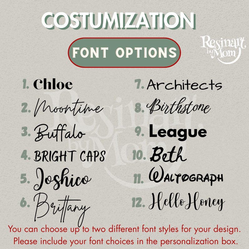 K&ouml;nnte beinhalten: Bild mit Schriftoptionen zur Individualisierung, darunter "Chloe", "Moontime", "Buffalo" und "BRIGHT CAPS". Der Text "FONT OPTIONS" wird in einem rot umrandeten Oval angezeigt. Der Text "Resinart by Mom" ist ebenfalls sichtbar.