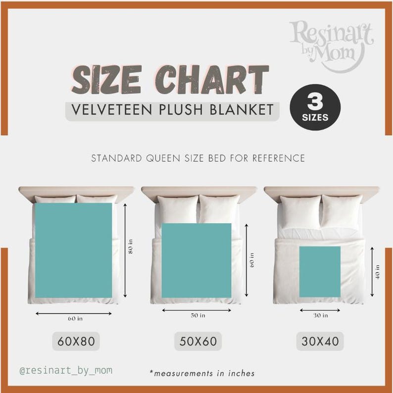 Op de afbeelding: Maattabel voor een pluche fluwelen deken, met drie verschillende maten: 60x80 inch, 50x60 inch en 30x40 inch. De tabel bevat een standaard queensize bed ter referentie.