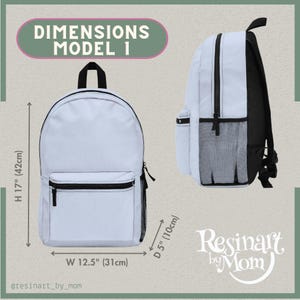 Puede incluir: Mochila azul claro con detalles en negro, incluyendo cremallera negra y bolsillo lateral de malla. Mide 42 cm de alto, 31 cm de ancho y 10 cm de profundidad. El texto "DIMENSIONS MODEL I" est&aacute; en la parte superior.