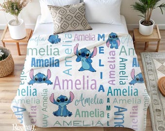 Personalized Stitch Sherpa Blanket, Custom Name Kids Blanket