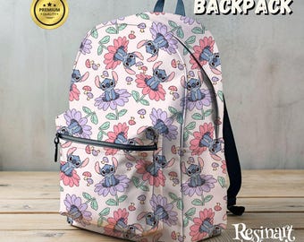Mochila floral de Disney Stitch, bolso escolar personalizable