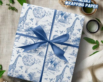 Blaues Safari Toile Geschenkpapier: Dschungel Tiere Geschenkpapier