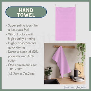 May include: A light purple hand towel, 18" x 30", is displayed hanging and folded. The text "HAND TOWEL" is in a green oval. The towel is made of a durable blend of 52% polyester and 48% cotton. The towel is highly absorbent.