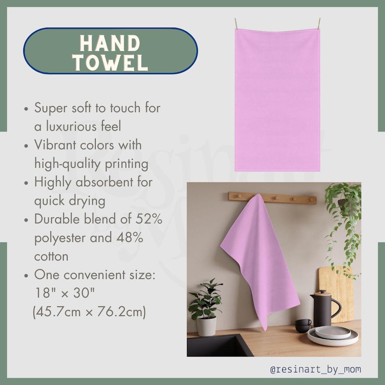 May include: A light purple hand towel, 18" x 30", is displayed hanging and folded. The text "HAND TOWEL" is in a green oval. The towel is made of a durable blend of 52% polyester and 48% cotton. The towel is highly absorbent.