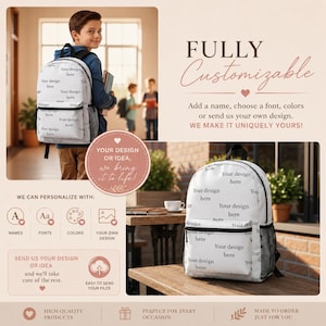 Könnte beinhalten: Ein weißer Rucksack mit schwarzem Besatz und dem wiederholten Text "Your design here" auf der Vorderseite. Der Rucksack verfügt über ein Hauptfach, eine Reißverschlusstasche vorne und seitliche Netztaschen und wird als personalisierbares Produkt präsentiert.
