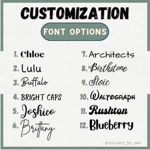 May include: A light green background with the word "CUSTOMIZATION" in black, and "FONT OPTIONS" in a green oval. Twelve font options are listed, each with a unique style, including "Chloe", "Lulu", "Buffalo", "BRIGHT CAPS", "Joshico", "Brittany", "Architects", "Birthstone", "Stoic", "WALTOGRAPH", "Rushton", and "Blueberry".