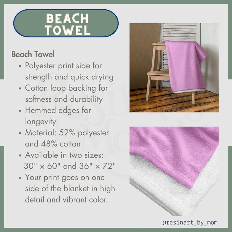May include: A lavender beach towel with white trim is displayed on a wooden stool. The towel is made of 52% polyester and 48% cotton. The text "BEACH TOWEL" is at the top of the image. Available in two sizes: 30" x 60" and 36" x 72".
