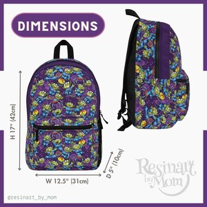 May include: Purple backpack with a repeating pattern of green alien characters from the Toy Story franchise. The backpack measures 17 inches high, 12.5 inches wide, and 5 inches deep.