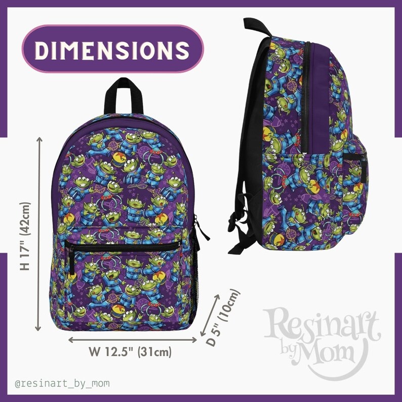 May include: Purple backpack with a repeating pattern of green alien characters from the Toy Story franchise. The backpack measures 17 inches high, 12.5 inches wide, and 5 inches deep.