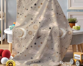 Manta de bebé Luna y Estrellas: Ropa de cama infantil celestial de vellón Minky