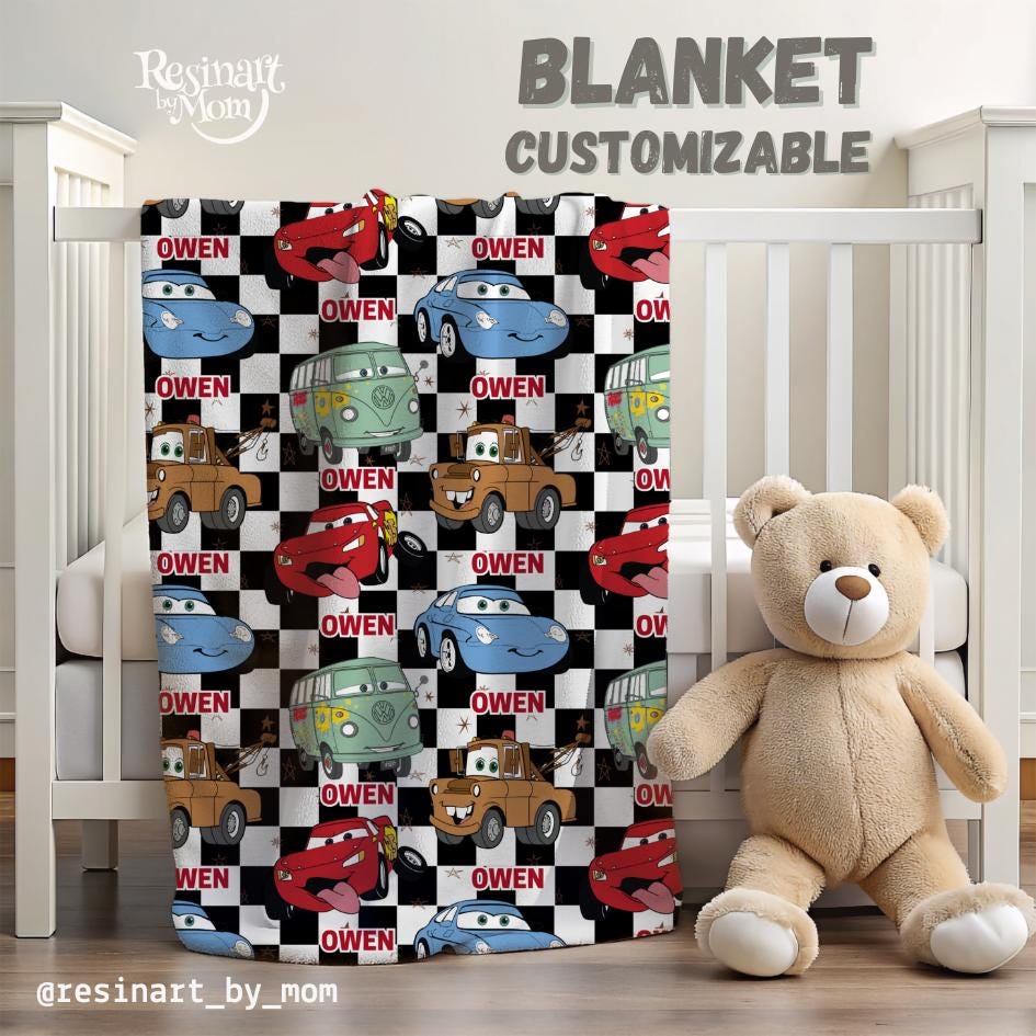 Cars Blanket, Name Blanket, Checkered Blanket for Boys, Sherpa