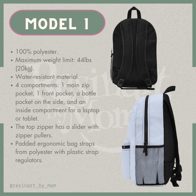 May include: Two views of a black and light blue backpack with a zippered main compartment, a front pocket, a side pocket, and an inside compartment for a laptop or tablet. The backpack has padded ergonomic bag straps from polyester with plastic strap regulators. The maximum weight limit is 44 lbs (20 kg).