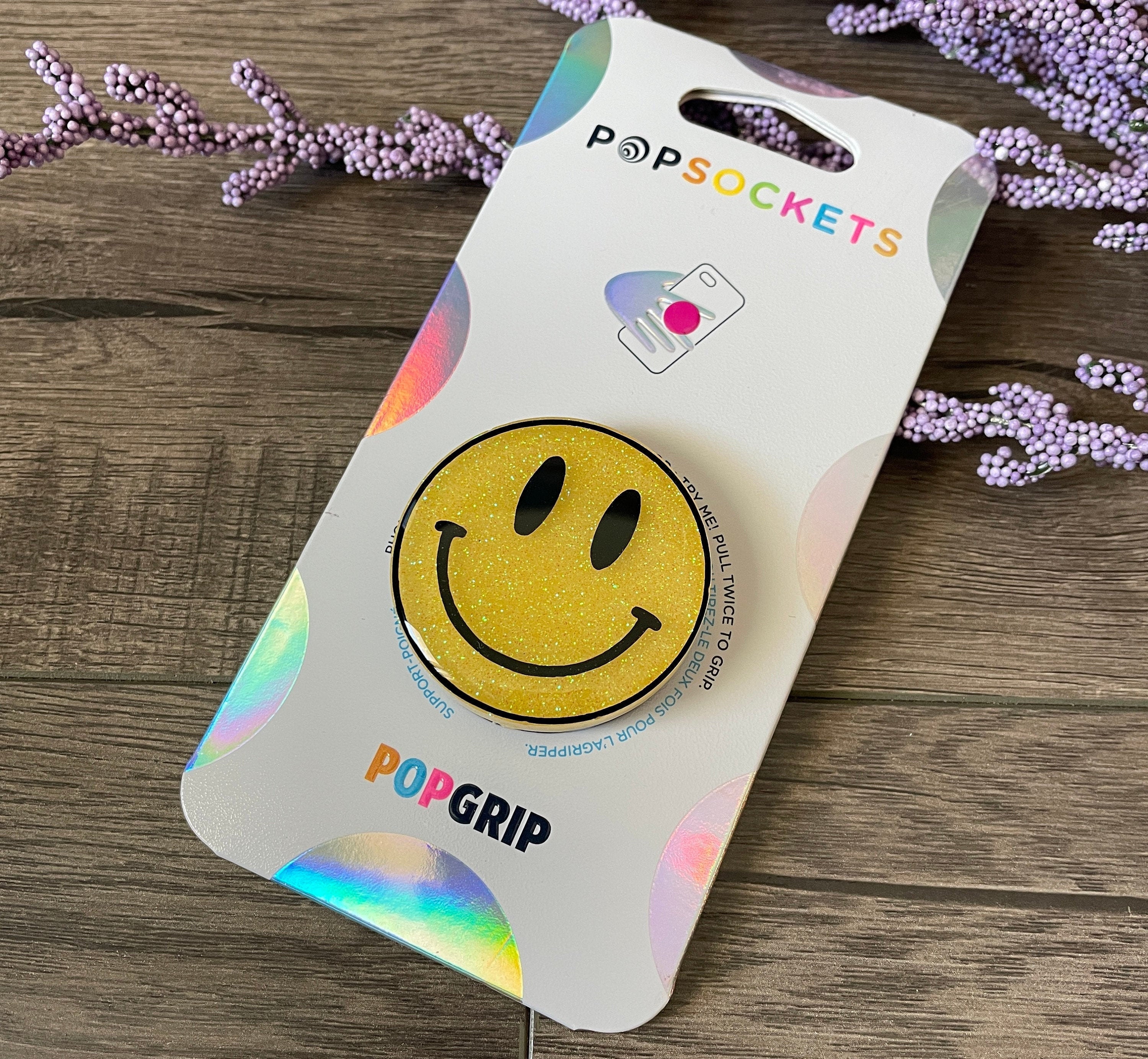 Smiley Face Popsocket Grip: Yellow Glitter, Swappable Top - Etsy