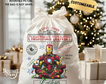 Personalized Iron Man Santa Sack | Custom Christmas Gift Bag | Superhero Holiday Present Sack