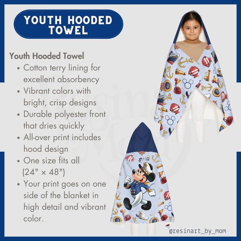 May include: A blue and white hooded towel with a Mickey Mouse nautical design. The towel is 24 inches by 48 inches and features a cotton terry lining for absorbency.