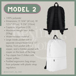 May include: Model 2 backpack, made of 100% polyester. Features a white front and a black back with a floral pattern. Dimensions are 16 1/8" high, 12 1/4" wide, and 3 7/8" deep. Includes a large inside pocket, laptop compartment, and front and hidden pockets.