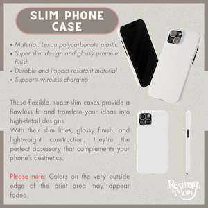 May include: White slim phone cases with a glossy finish are displayed, alongside a black phone. The image includes text that reads "SLIM PHONE CASE" and details about the cases, such as material and features.
