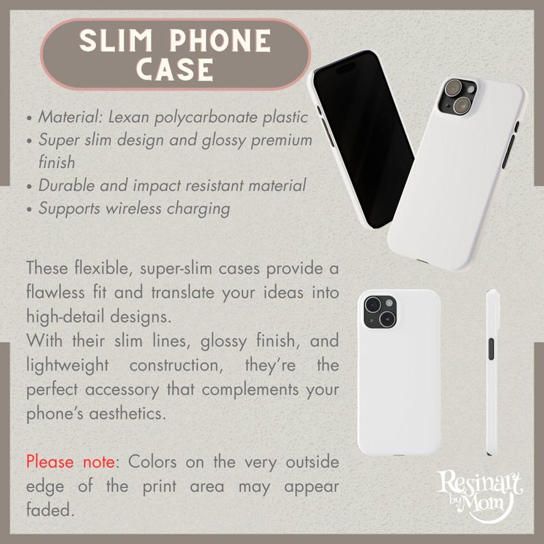 May include: White slim phone cases with a glossy finish are displayed, alongside a black phone. The image includes text that reads "SLIM PHONE CASE" and details about the cases, such as material and features.
