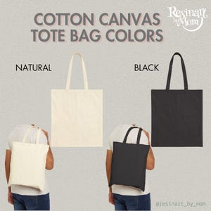 May include: A visual comparison of two cotton canvas tote bags: natural and black. The text "Cotton Canvas Tote Bag Colors" is at the top. The natural bag is off-white, and the other is a solid black. Both bags have matching handles.