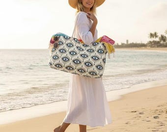 Evil Eye Tote Bag, Blue Eye Beach Bag, Nazar Travel Tote, Summer Beach Tote, Protective Eye Bag, Boho Gift for Her, Vacation Bag