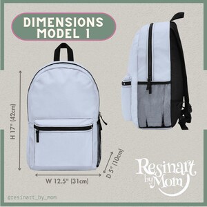 May include: A light gray backpack with black accents and a mesh pocket. The backpack measures 17 inches high, 12.5 inches wide, and 5 inches deep. The text "DIMENSIONS MODEL I" is displayed in a pink rectangle at the top of the image.