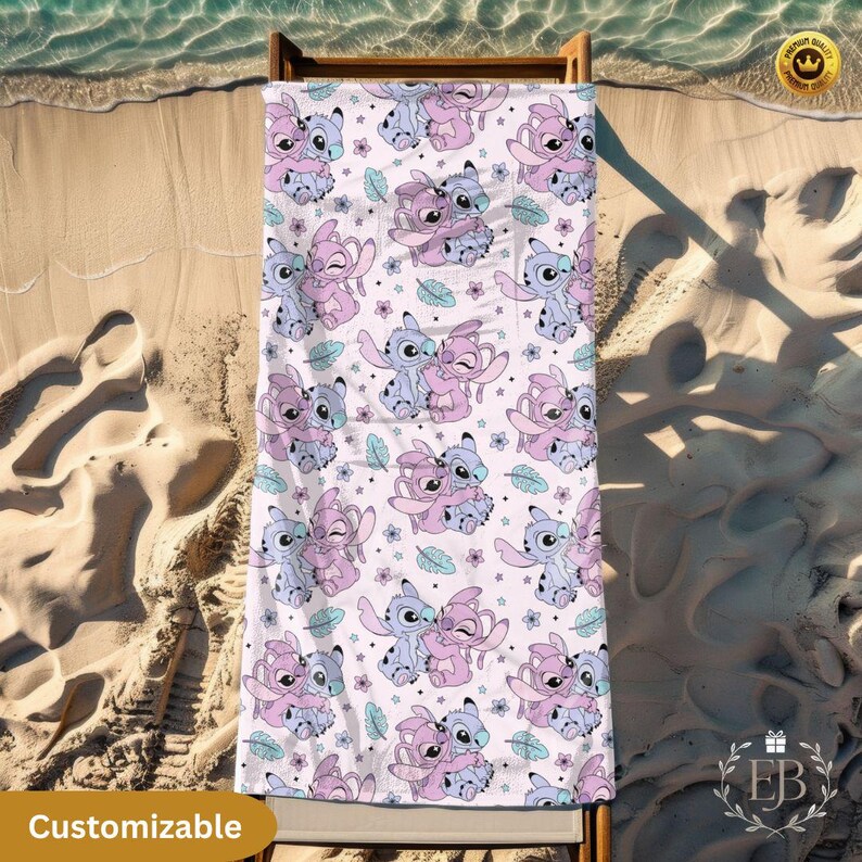 May include: A beach towel with a repeating pattern of cartoon characters in shades of pink and blue, with small flowers and leaves on a white background. The towel is displayed on a wooden beach chair on a sandy beach. The word "Customizable" is visible.