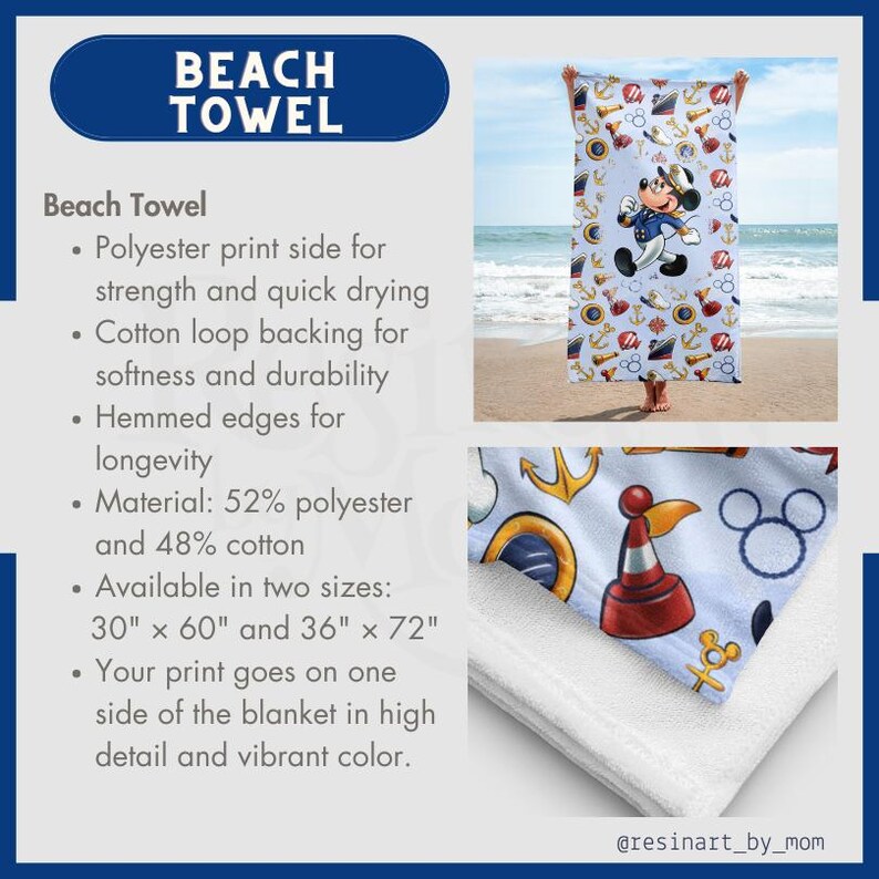 May include: A beach towel with a blue and white nautical print featuring Mickey Mouse and anchors. The towel is available in two sizes: 30" x 60" and 36" x 72".