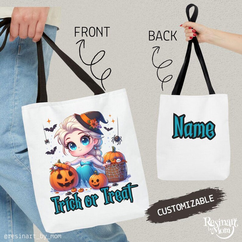 May include: White tote bag with black handles. The front features a cartoon illustration of a character in a witch hat with pumpkins and the text "Trick or Treat." The back has the word "Name" in teal.