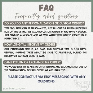 May include: A FAQ sheet with the title "Frequently asked questions" in a handwritten font. The sheet answers questions about personalization, custom orders, order processing time, and returns. The sheet is on a light green background.