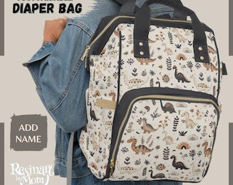 Boho Dinosaur Print Diaper Bag Backpack, Personalized Nursery Bag