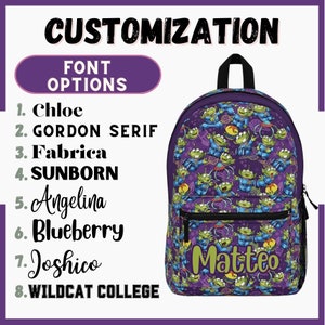 May include: Purple backpack with a repeating pattern of green aliens. The backpack has a zippered pocket on the front and the name "Matteo" is written in yellow letters on the front.
