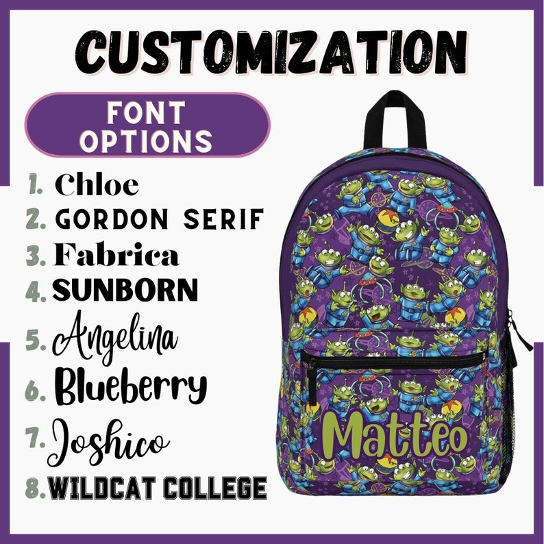 May include: Purple backpack with a repeating pattern of green aliens. The backpack has a zippered pocket on the front and the name "Matteo" is written in yellow letters on the front.